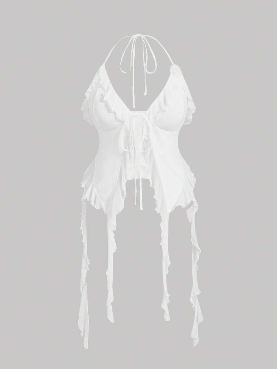 SHEIN MOD 大码浪漫白色荷叶边 3D 花卉图案吊带背心 - 白色 - 查看 1