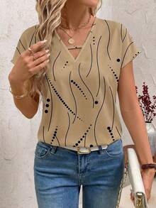 SHEIN Clasi Áo thun nữ tay ngắn dáng suông in họa tiết khoét rỗng - Màu Khaki - Xem 4