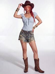 Rina Fox Áo sơ mi mùa hè dáng ôm, kẻ sọc, buộc dây phía trước, cài cúc. - Xanh và trắng - Xem 6