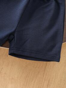 SHEIN 0-3岁婴幼儿男女通用夏季蓝杏条纹圆领短袖上衣搭配纯蓝色短裤套装，休闲运动风，适合户外、室内玩耍、亲子活动、夏季派对等场合。 - 寶藍色 - 查看 5