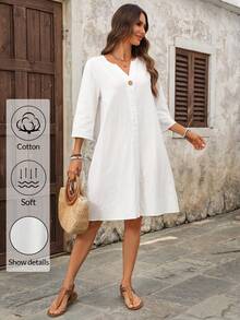 EMERY ROSE Đầm nữ màu trơn cổ chữ V cài cúc, tay lỡ 3/4, dáng dài ngang gối, kiểu dáng thường ngày. - Xanh và trắng - Xem 9