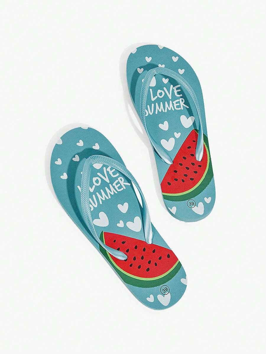 Grefit 女士新款夏季鞋履，防水防滑，可爱西瓜爱心印花露趾凉鞋，甜美百搭，平底休闲橡胶EVA塑料人字拖，日常居家沙滩度假凉鞋，泳池派对拖鞋 - 水鴨藍 - 查看 1