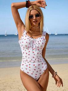 Swim Mod Bộ đồ bơi liền thân màu đen anh đào kiểu retro mới năm 2026 dành cho nữ, dây đeo vai rộng có thể điều chỉnh với bèo nhún dễ thương, phần ngực trang trí nơ, eo xếp ly, phong cách thời trang đi biển cho kỳ nghỉ hè. - Nhiều màu - Xem 8