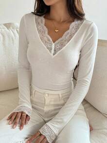 DAZY Women's Elegant Lace Patchwork Long Sleeve T-Shirt, Slim Fit, Suitable For Spring/Summer, Party & Valentine's Day - White - View 9