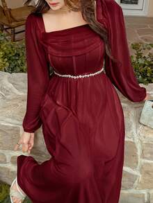 Feyla Damen elegantes Kleid mit plissiertem quadratischem Kragen, taillierter Taille und Laternenärmeln, Frühling - Bordeaux - Übersicht 6