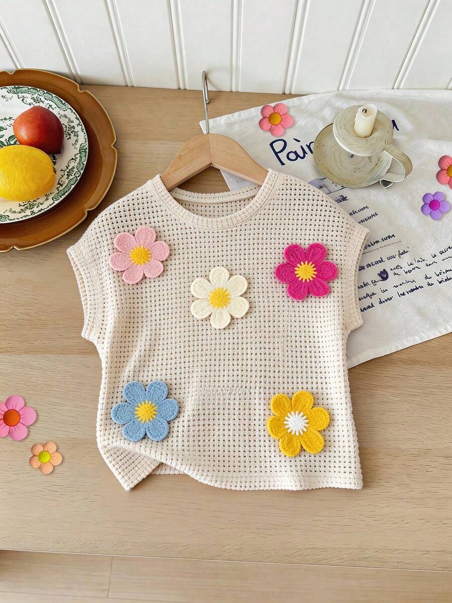 SHEIN LMoss Kids Fashionable Round Neck T-Shirt With Knitted 3D Floral Decor For Young Girls - Apricot - View 1