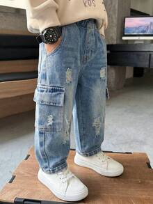 SHEIN 男童/幼儿纯棉弹力腰带工装口袋休闲裤 - 淺色水洗藍 - 查看 1