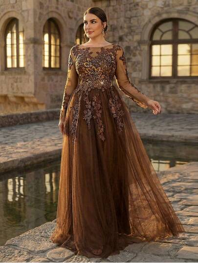 Serin Plus Size Elegant Romantic Brown Boat Neck Long Sleeve Sheer Sleeve Embroidered Sequin Mesh Hem A-Line Dress, Suitable For Wedding, Party, Celebration, Luxury Bridal Mother Gown