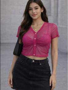 Blusa Transparente de Mesh con Botones Frontales - CH - Ver 2