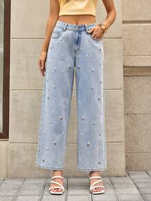 Selenza Nuevos jeans de pierna recta holgados con bordado floral diminuto, efecto estilizante para mujeres - Lavado ligero - Ver 3