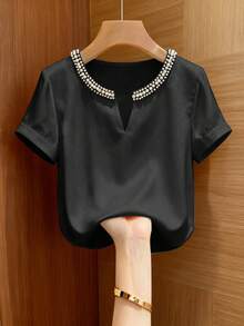 Franclia Blus Pullover Lengan Pendek Model Baru Gaya Prancis yang Modis, Warna Polos, Kerah Bulat, Belahan, dan Dekorasi Mutiara untuk Wanita, Musim Semi/Panas - Hitam - View 8