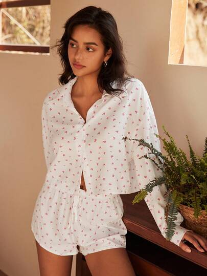 Lullawish 女士碎花长袖上衣和短裤睡衣套装