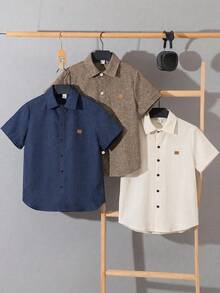 SHEIN 3pcs/Set Teens Boys Loose Casual Versatile Stand Collar Patch Woven Short Sleeve Shirt, Suitable For School, Gathering, Party, Travel, Casual, College Style, Comfortable, Fashionable, Practical, Soft Fabric, Suitable For Daily Wear, School, Travel, Outdoor Sports, Music Festivals, Holidays, Beach Vacation, Summer Atmosphere, Festivals, Spring/Summer Boys Plain Shirts Boys Linen Shirt Boys Knit Shirt Boy Collared Shirt Teen Plain Shirts - Multicolor - View 4