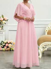 Fleurora 大码优雅贴花V领荷叶边袖连衣裙，夏季 - 粉色 - 查看 7