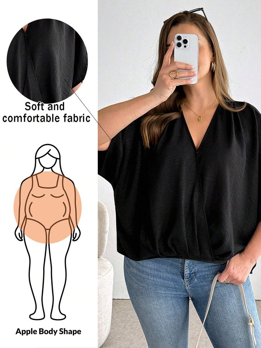 Shapeblank 春夏大码女装，时尚休闲宽松舒适日常基础款，百搭显瘦V领短袖上衣和黑色衬衫，女士衬衫，简约风格，夏季上衣，办公服饰 - 黑色 - 查看 1