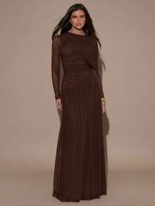 SHEIN BAE Đầm dài tay xếp ly phối lưới tương phản thanh lịch dành cho nữ, thích hợp cho mùa xuân/hè. - Cà phê nâu - Xem 7