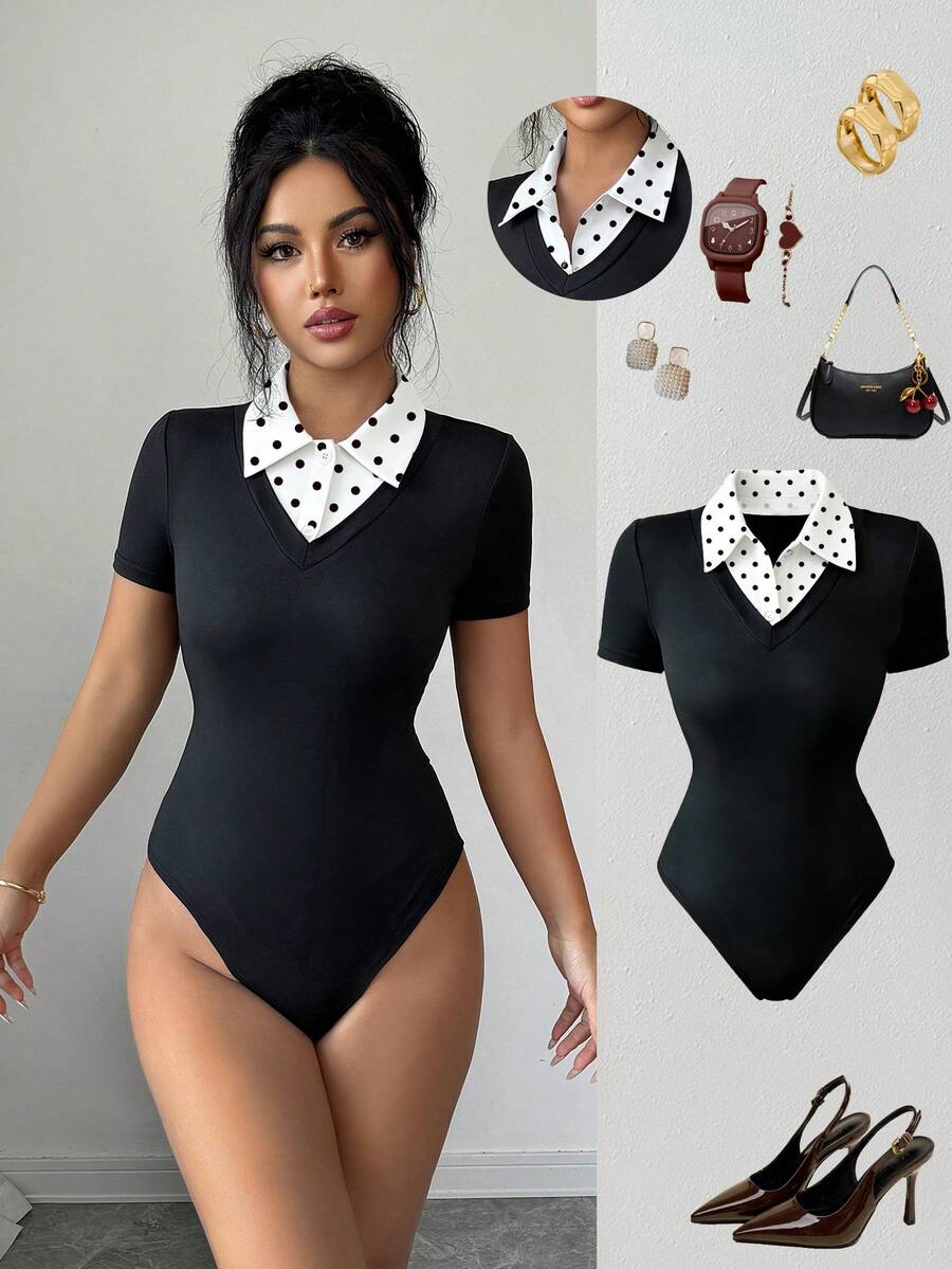 Elenzga Women Black Polka Dot Polka Dot Summer Classy Elegant Preppy Bodysuit Block Polka Dot Patchwork V Neck Short Sleeve Slim Fit Bodysuits For Work Office - Black - View 1