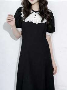 FRIFUL 女士优雅撞色荷叶边泡泡袖收腰连衣裙，夏季婚礼宾客礼服 - 黑色 - 查看 1