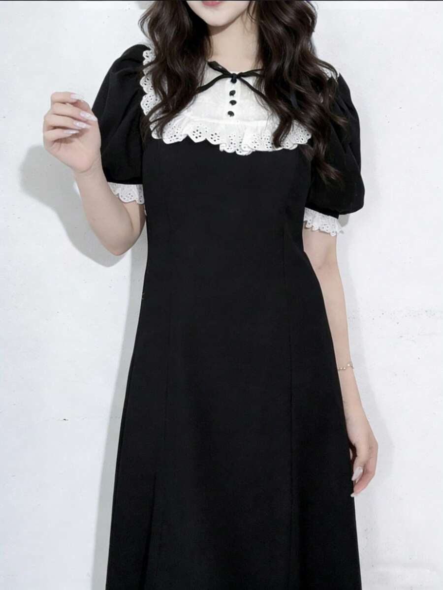 FRIFUL 女士优雅撞色荷叶边泡泡袖收腰连衣裙，夏季婚礼宾客礼服 - 黑色 - 查看 1