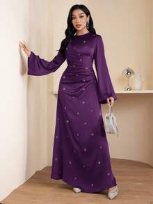 Veilorie Women's Round Neck Raglan Flare Sleeve Pleated Elegant Dress - Purple - View 4