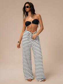 SHEIN Tall CURVE 大码条纹印花打结休闲裤 - 黑與白 - 查看 6