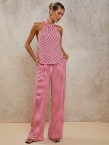 COSMINA Bộ đồ hai mảnh cổ yếm kẻ sọc thanh lịch dành cho nữ, thích hợp cho kỳ nghỉ xuân/hè. - Đỏ và trắng - Xem 3