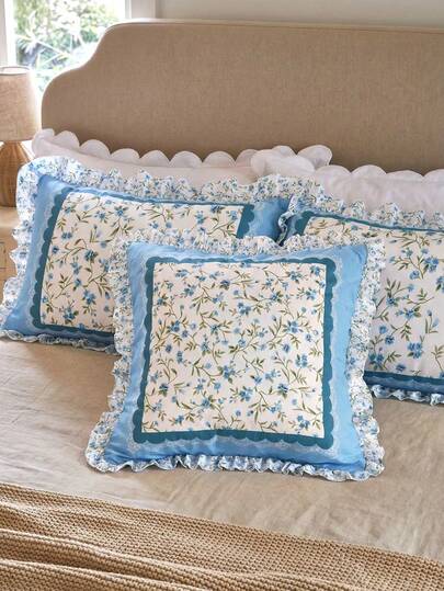 1 chiếc, vỏ gối kiểu Pháp cổ điển màu xanh trắng họa tiết hoa sen viền ren, vỏ gối sofa in ren bằng sợi microfiber, vỏ gối trang trí phòng ngủ, vỏ gối nhỏ phong cách đồng quê tươi mát.