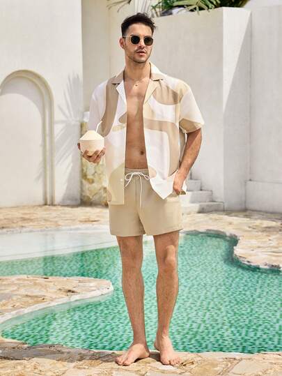 Mercer Haus 男士全印花短袖上衣和口袋短裤沙滩套装，男士沙滩套装，男士度假服装，男士沙滩装，白色奶油色男士泳池套装，适合在夏威夷享受夏季热带假期。