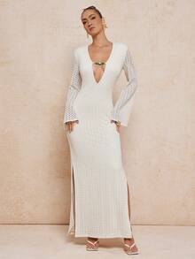 Lumalex 金属装饰深V领喇叭袖修身条纹印花连衣裙（女款） - 杏色 - 查看 4