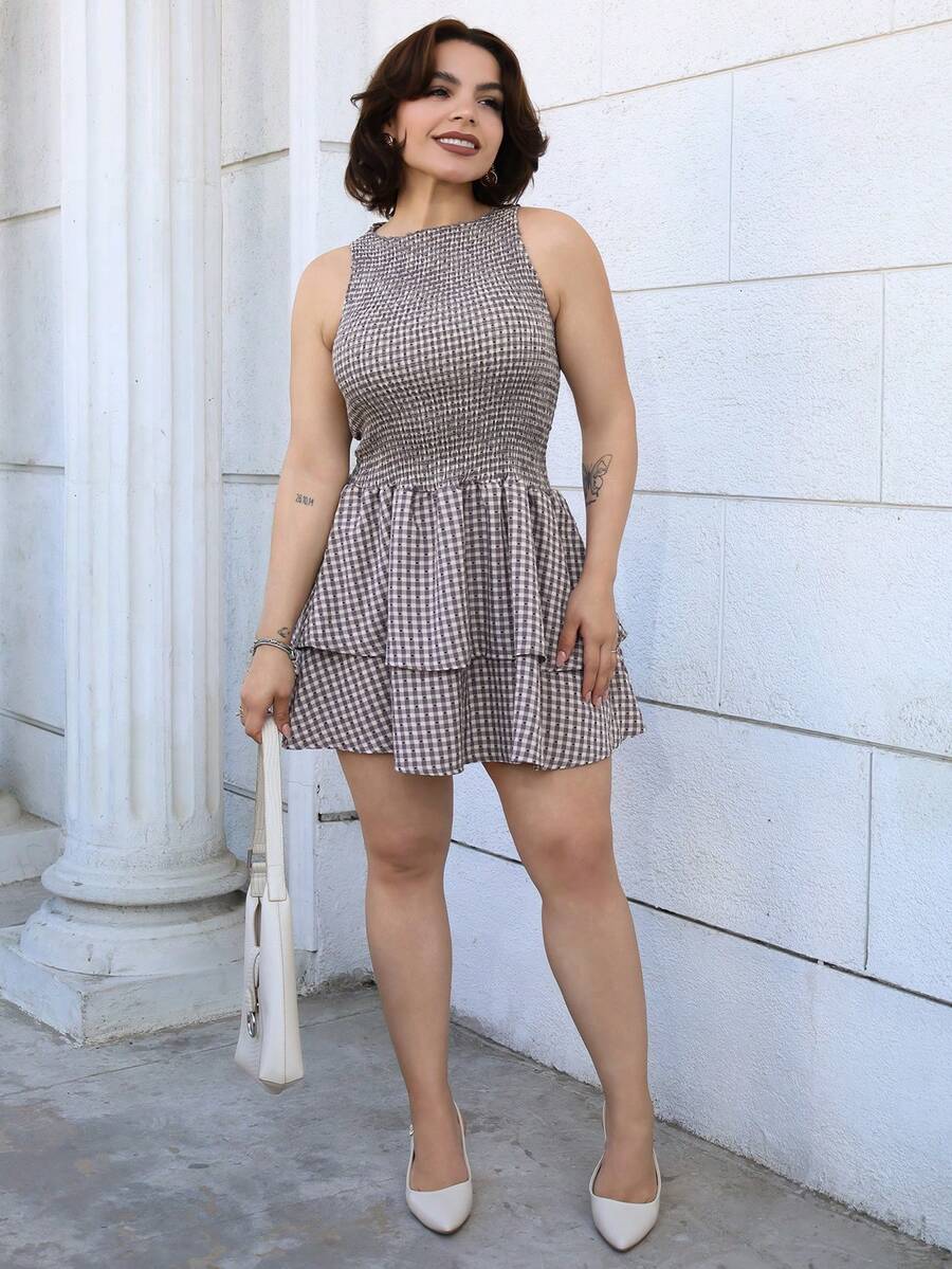 Lupita Cardoza Vestido mini ajustado sin mangas a cuadros azules, estilo francés dulce para vacaciones, primavera/verano - Multicolor - Ver 1