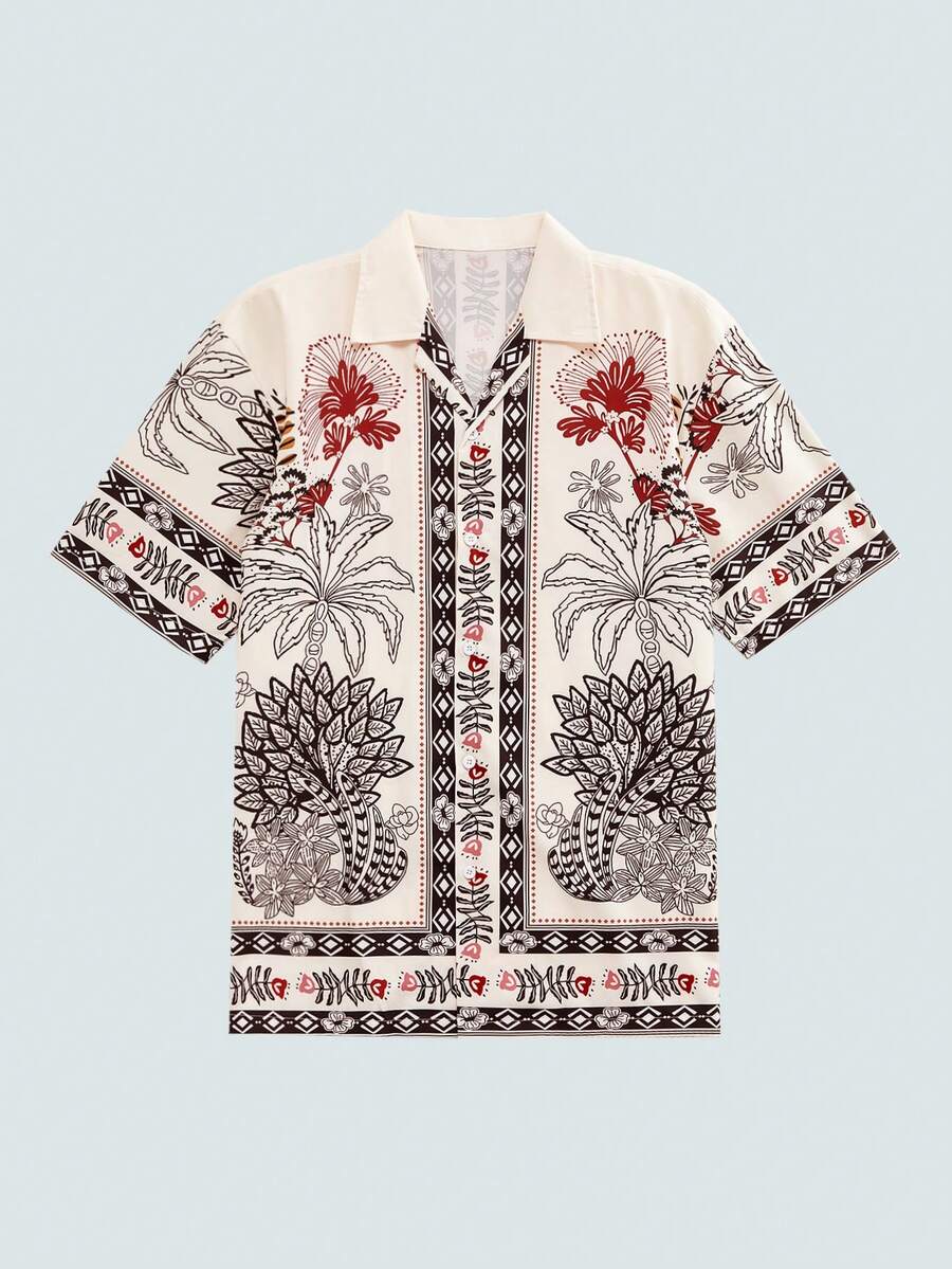 Modcrash 花卉印花衬衫，对称花卉图案，花卉印花，元素，翻领，男士休闲外套，海滩度假，复古美式，男女皆宜，宽松版型夏季服装——适合日常穿着和夏季度假穿着。 - 杏色 - 查看 1