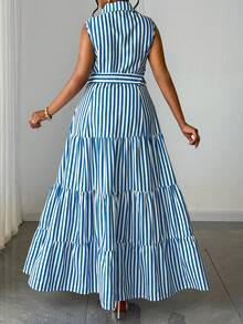 Maweii French Retro Casual Turndown Collar Striped Slimming Sleeveless Shirt Dress - Blue - View 5