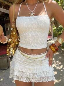 SHEIN EZwear 2pcs/Set Women White Jacquard Top & Mini Skirt - White - View 4