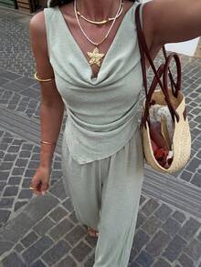 Firerie 女士简约优雅日常通勤休闲都市时尚百搭绿色纹理无袖不对称肩部宽松上衣和阔腿裤套装，夏季服装 - 綠色 - 查看 2