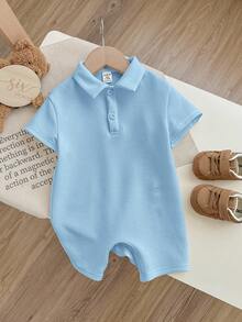 SHEIN 新生儿男女宝宝柔软舒适休闲白色短袖针织连体衣，适合室内、室外、日常穿着、运动、玩耍、派对、拍照、度假、节日、婚礼、迎婴派对、洗礼和一周岁生日等场合。 - 淺藍色 - 查看 3