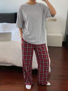 DAZY Casual Loose Fitting Top & Plaid Pants Home Outfit Set Pajama - Light Grey - View 3