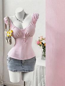 Sweetra Plus Size Summer Pink Waist Cinched Casual Commute Short Sleeve Shirt - Pink - View 1