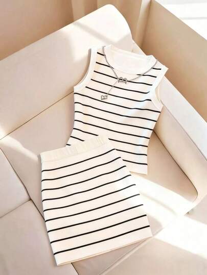 SHEIN PETITE 女士新款条纹印花圆领修身两件套，春夏款