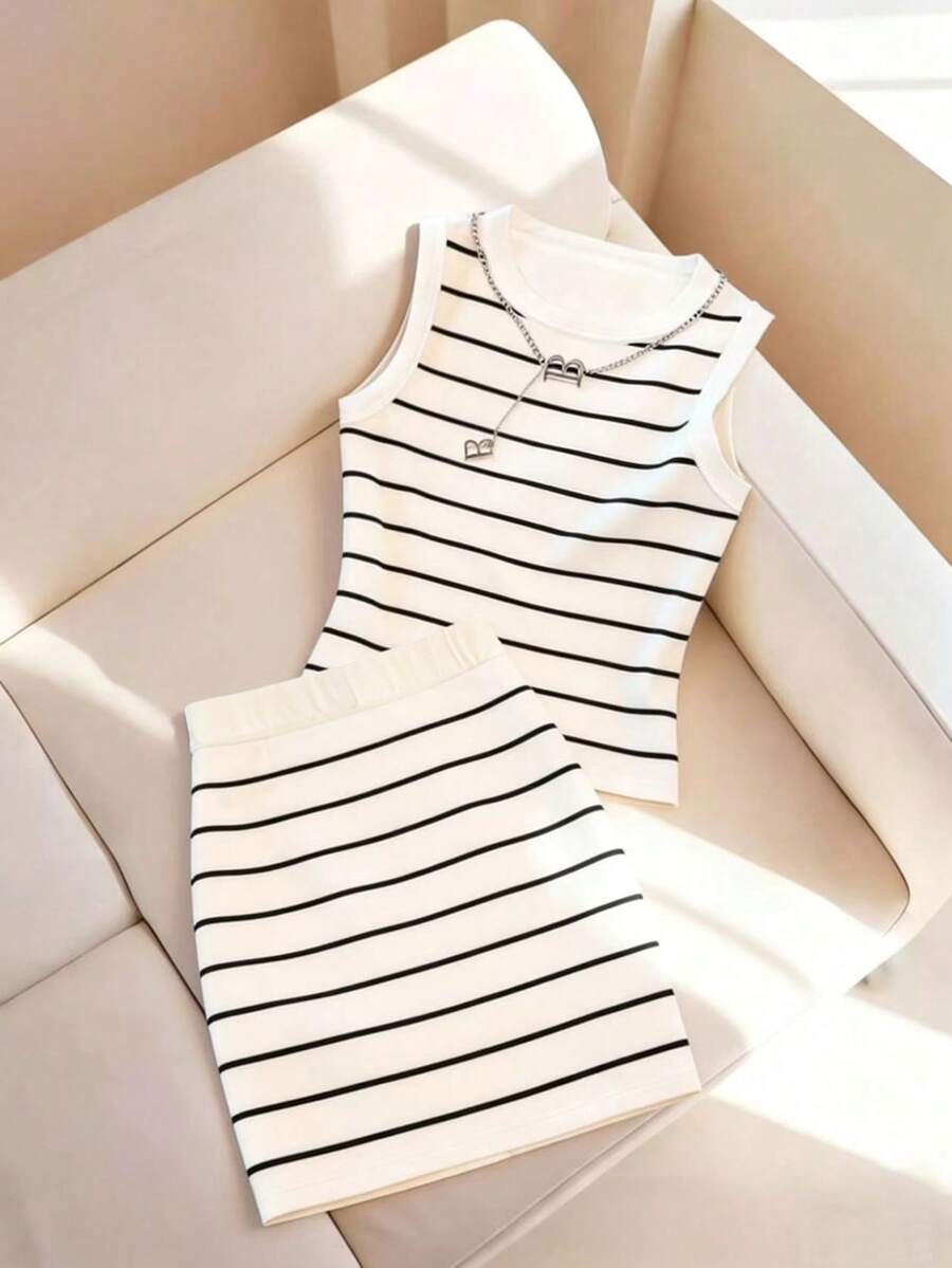 SHEIN PETITE 女士新款条纹印花圆领修身两件套，春夏款 - 黑與白 - 查看 1