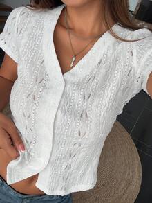 Women's V-Neck Short Sleeve Lace Textured Casual Street Style Sexy T-Shirt - White - View 4