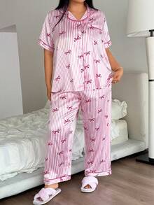 Napfluff CURVE Napfluff CURVE Pink Striped Bow Print Lapel Cardigan & Pants Plus Size Pajama Set - Pink - View 5