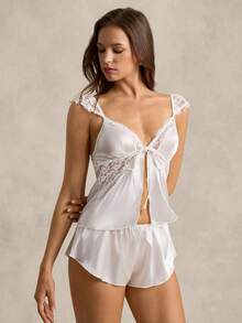 2件套优雅法式蕾丝、缎面、舒适女士睡衣套装 - 白色 - 查看 4