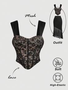 SHEIN MOD 女士优雅黑色蕾丝吊带背心，夏季必备 - 黑色 - 查看 3