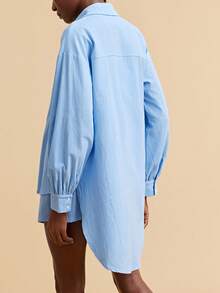 Travachic Women's Solid Color Woven Loose Shirt Shorts 2 Pieces Set, Autumn Golf Pastal Sexy - Baby Blue - View 5