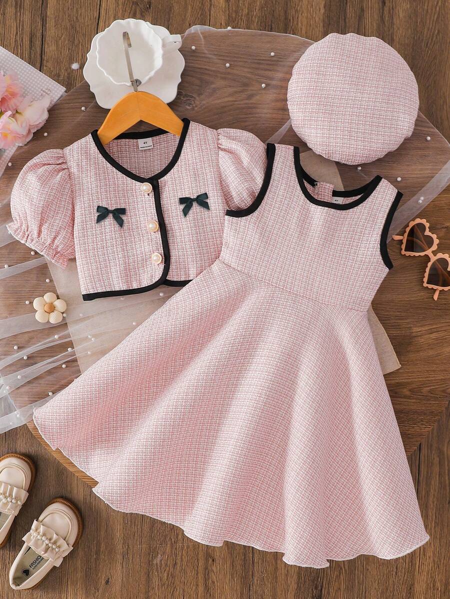 SHEIN 少女撞色滚边蝴蝶结装饰短袖外套搭配无袖连衣裙,时尚优雅,淑女可爱,适合日常、派对、聚会等场合。 - 粉色 - 查看 1