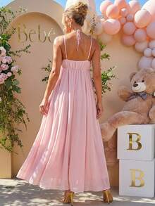 Loomaby Pregnant Women's Solid Color Bow Decor Sleeveless Halter Backless Elegant Dress Dress Gender Reveal Dress Maternity Dress Baby Shower Dress - Pink - View 2