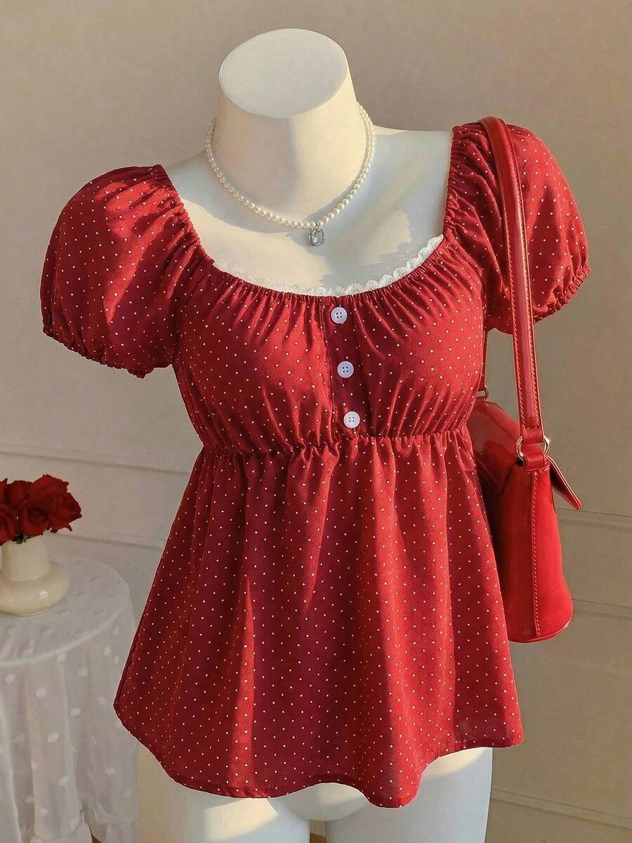 SHEIN Camisa informal de lunares para adolescentes, verano - Rojo - Ver 1
