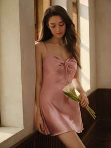 SilkySpell Váy ngủ ngủ Cami Pajama nhún bèo và dây rút Luxeloungewear - Màu Hồng baby - Xem 6