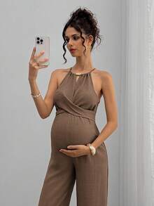 Momance Bộ áo liền quần bầu với cổ yếm đính hạt gỗ, chi tiết nơ thắt eo phía trước, quần dài đến mắt cá chân. Quần áo bà bầu, trang phục dự tiệc mừng em bé, áo liền quần bầu cho phụ nữ, áo liền quần cho bà bầu, trang phục bà bầu, áo liền quần cho phụ nữ mang thai, trang phục bà bầu, áo liền quần nữ. - màu nâu - Xem 5