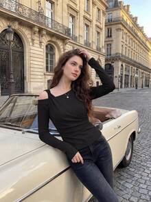 DAZY Women's Elegant 2 In 1 Splice Shoulder Long Sleeve T-Shirt, Slim Fit, Suitable For Spring And Summer - Black - View 11